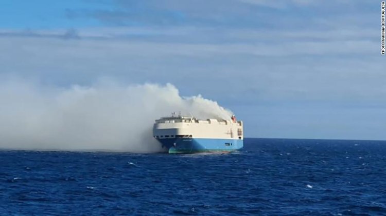 A cargo ship full of luxury cars is on fire and adrift in the middle of the Atlantic