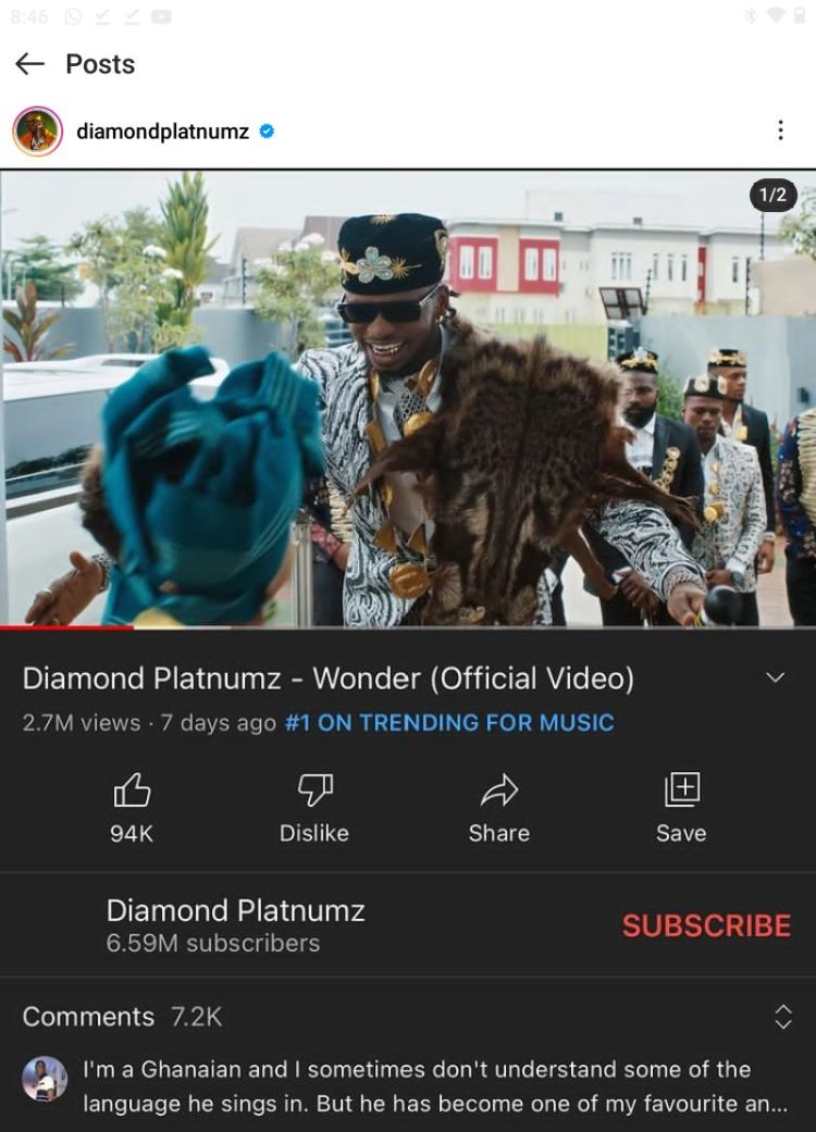 After being hacked, Diamond Platnumz's YouTube page has been restored.