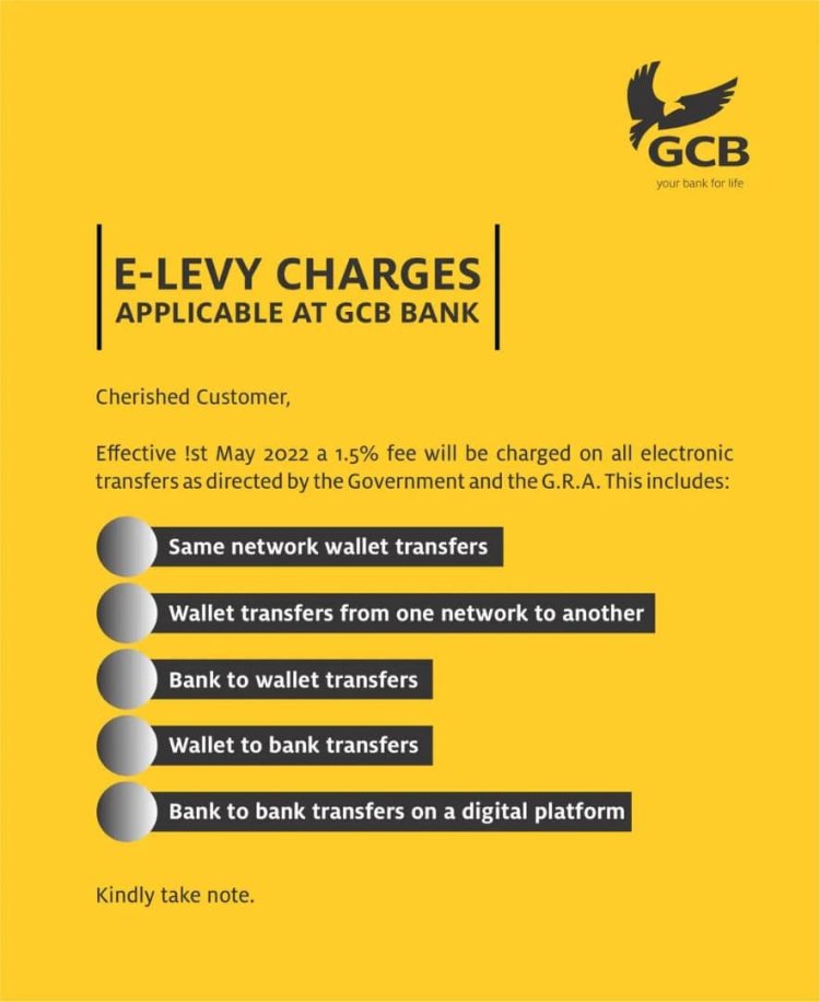 E-levy of 1.5% on electronic money transfer takes effect from 1st May, 2022.