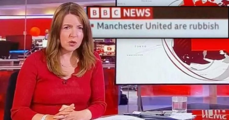 The BBC issues an apology when the phrase "Manchester United are crap" comes on screen.