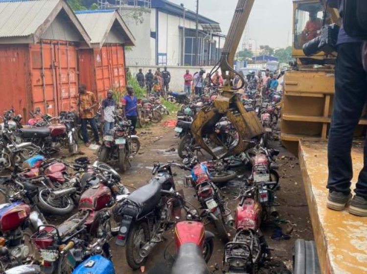 More than 2,000 confiscated motorcycle taxis are crushed in Lagos.