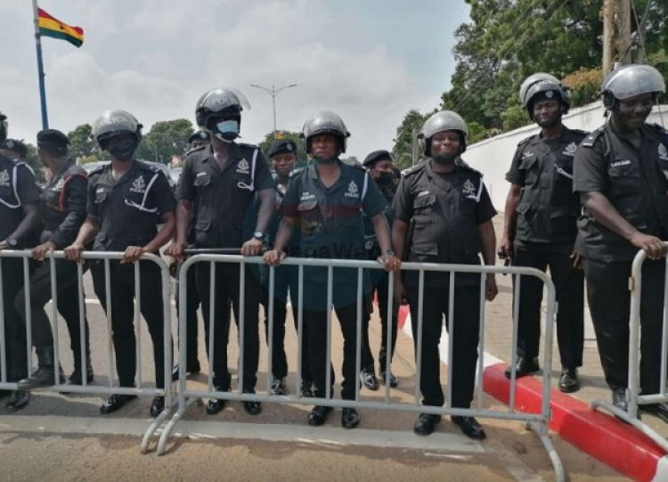 Security Beefed- Up In Front  Of Jubilee House with shields, horses during Arise Ghana demo