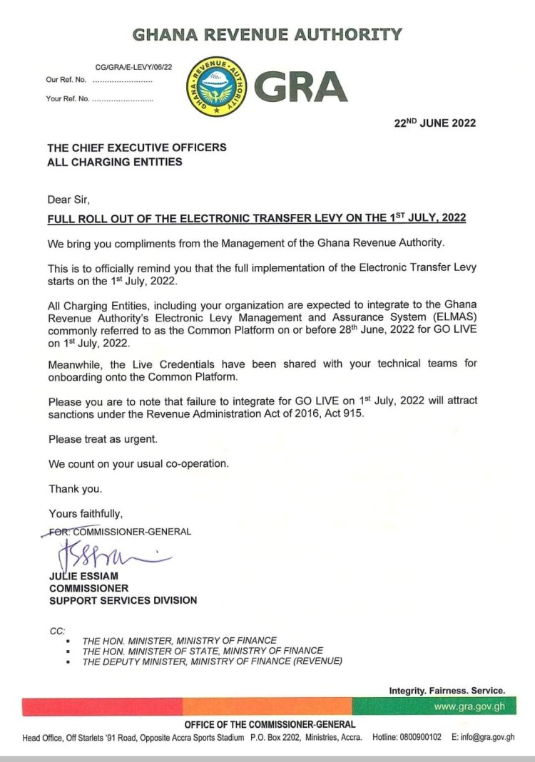 Full implementation of the Electronic Transfer levy starts on July 1, 2022-GRA to public