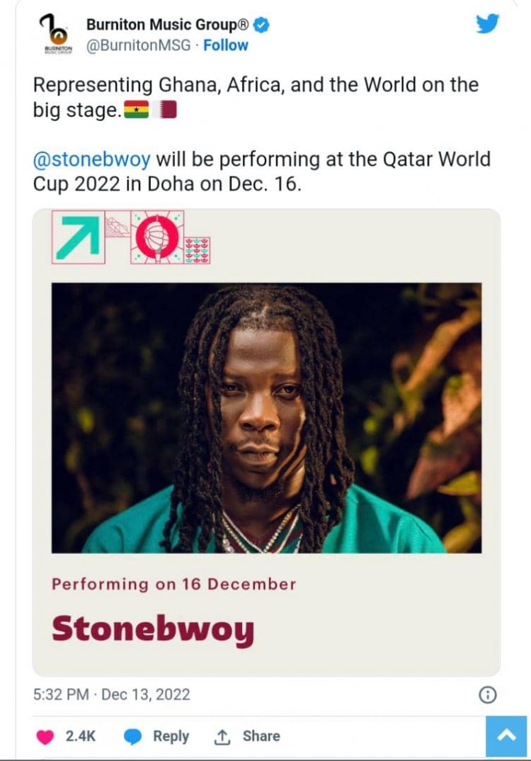 Stonebwoy will perform in Qatar during the 2022 FIFA fan festival