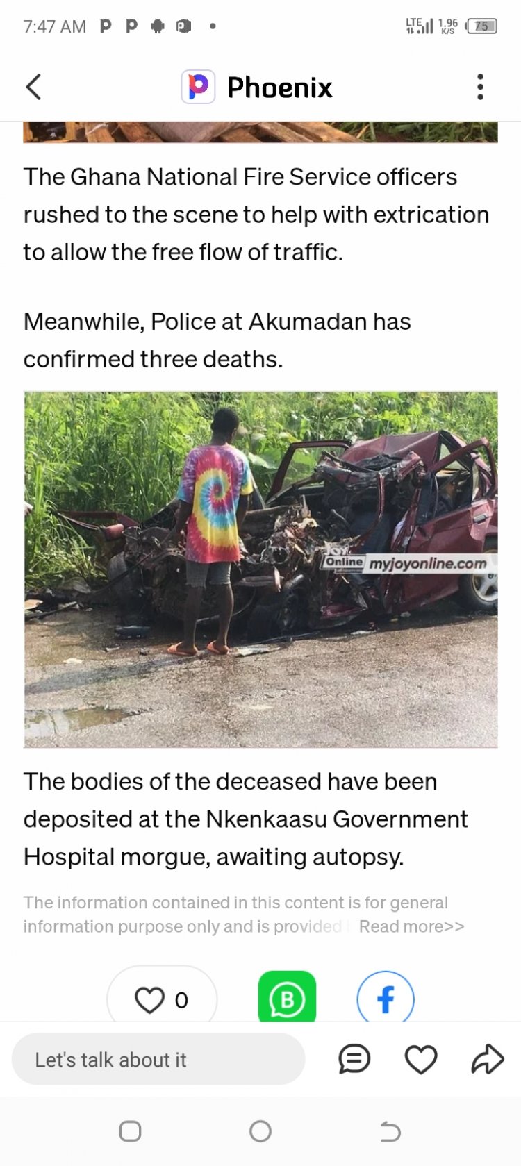 An accident occurred on Kumasi - Techiman highway and three body was found dead and one injured.