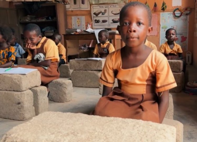 Pupils Sit On Piled-Up Cement Blocks To Study at Panpanso Ningo M/A Basic School In Nsawam-Adoagyiri Municipality