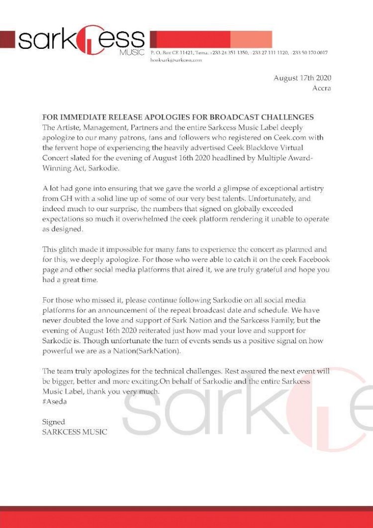 Sarkodie’s official apology 